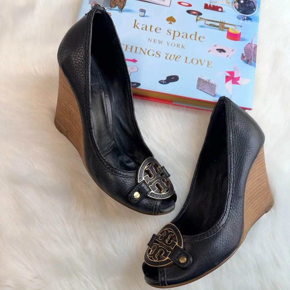 Tory Burch Black and Tan Wedge Peep Toe Shoes